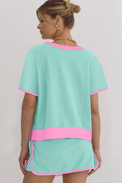 Turquoise Colorblock Edge Drop Shoulder T Shirt and Skort 2Pcs Set