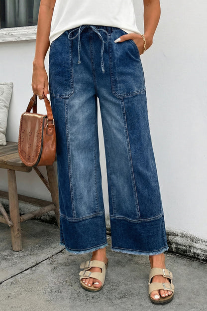 Gray Drawstring Seam Detail Raw Hem Wide Leg Denim Pants