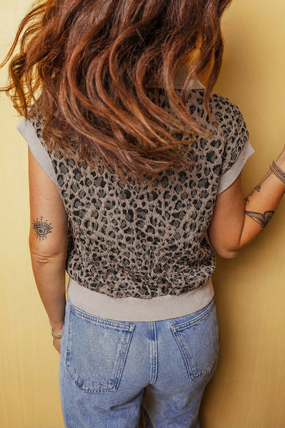 Beige Zip up Collared Leopard Cap Sleeve Top