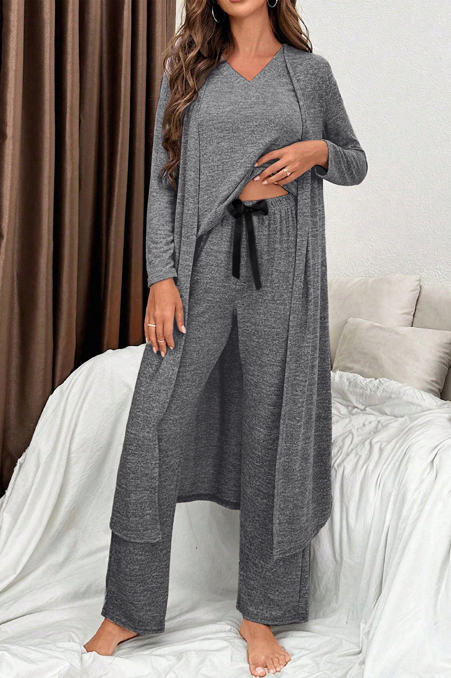 Delicacy 3pcs V Neck T Shirt Ribbon Knot Pants Open Duster 3pcs Lounge Set