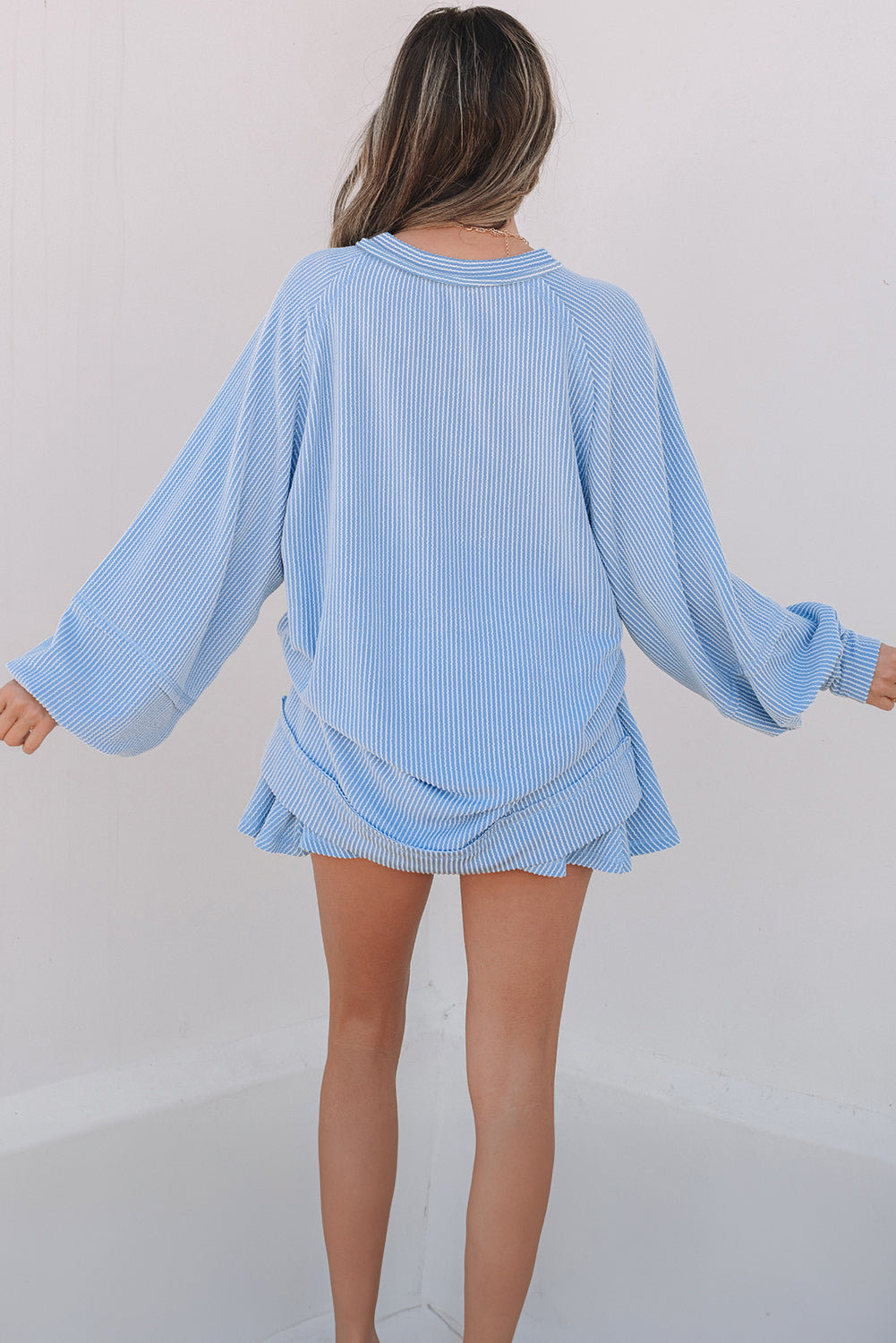 Sky Blue Corded Lantern Sleeve Top High Waist Ruffled Mini Skort Set