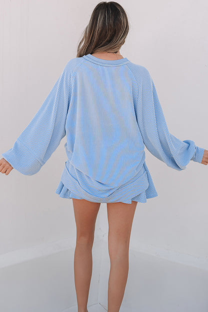 Sky Blue Corded Lantern Sleeve Top High Waist Ruffled Mini Skort Set