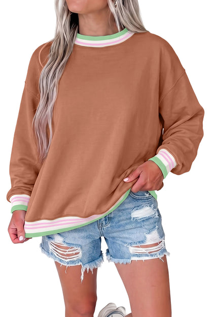 Racing Red Contrast Striped Trim Baggy Pullover Sweatshirt