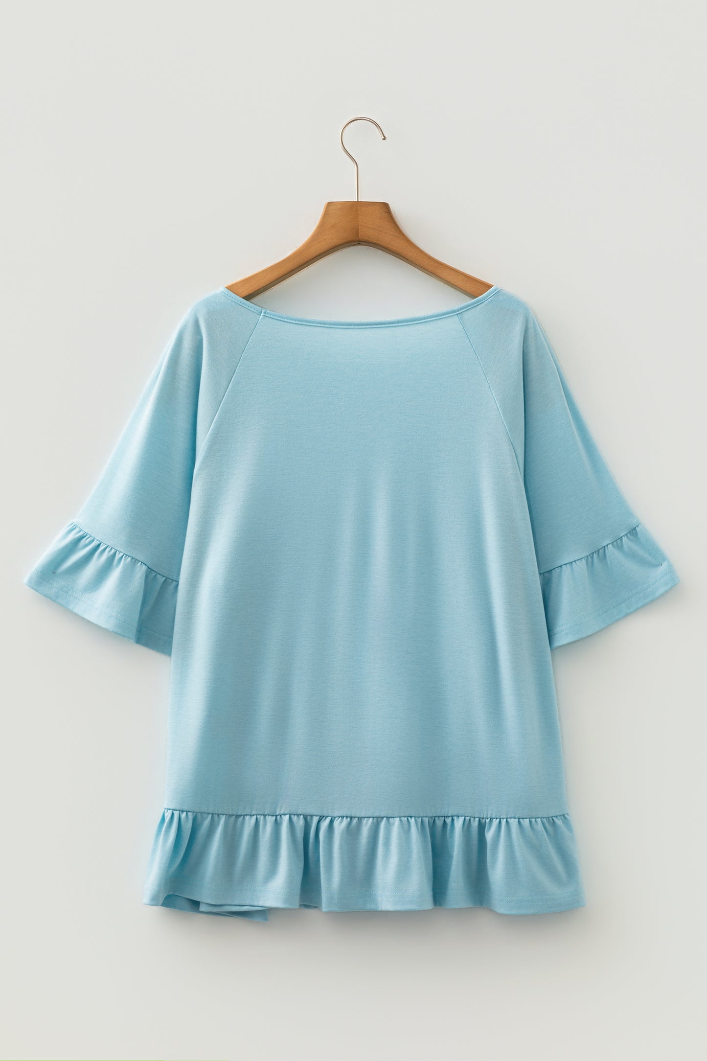 Light Blue Ruffled Short Sleeve Plus Size Casual Blouse
