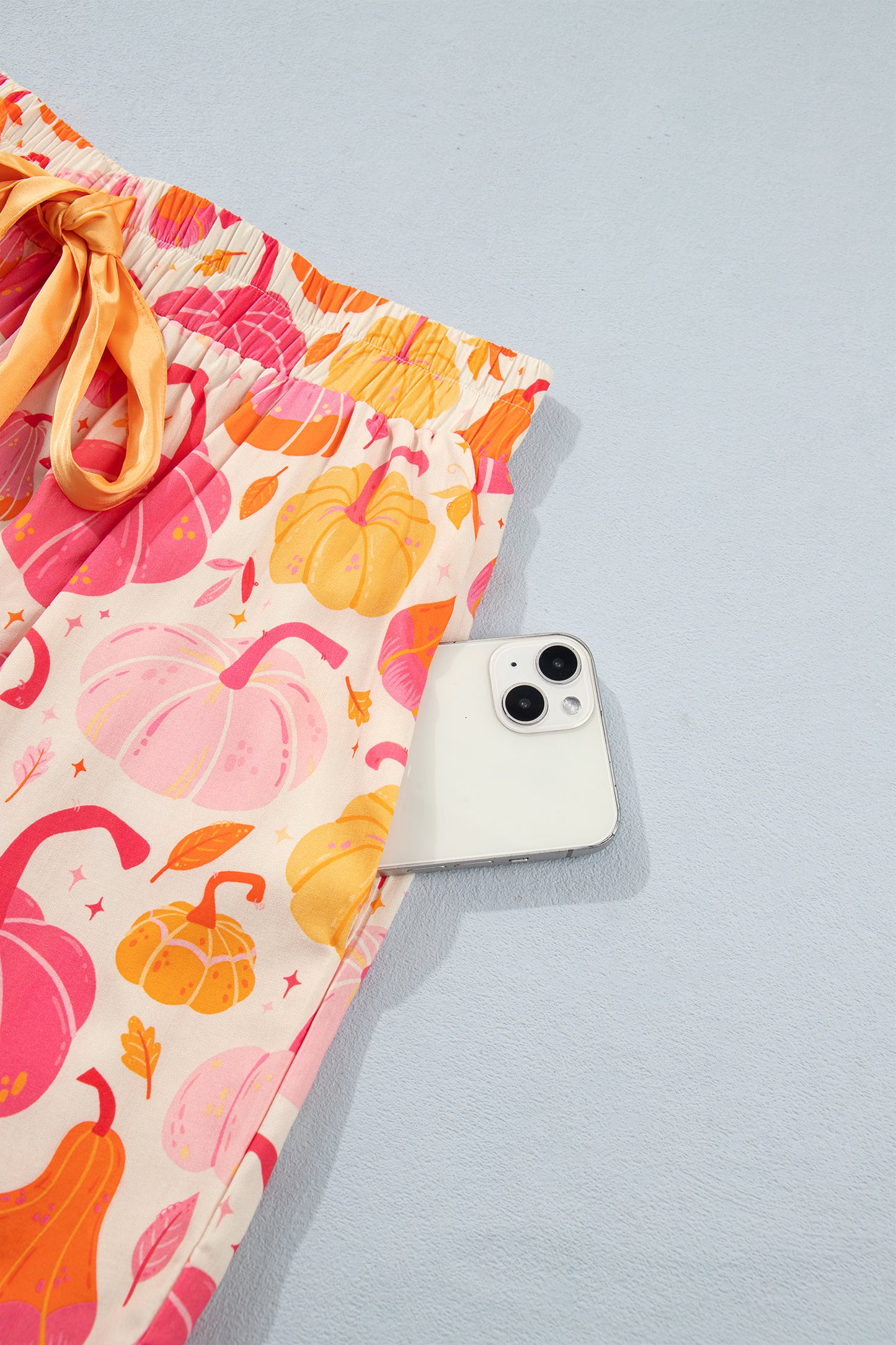 Pink Short Sleeve Pumpkin Print Pocket Placket Shell Button Lounge Set