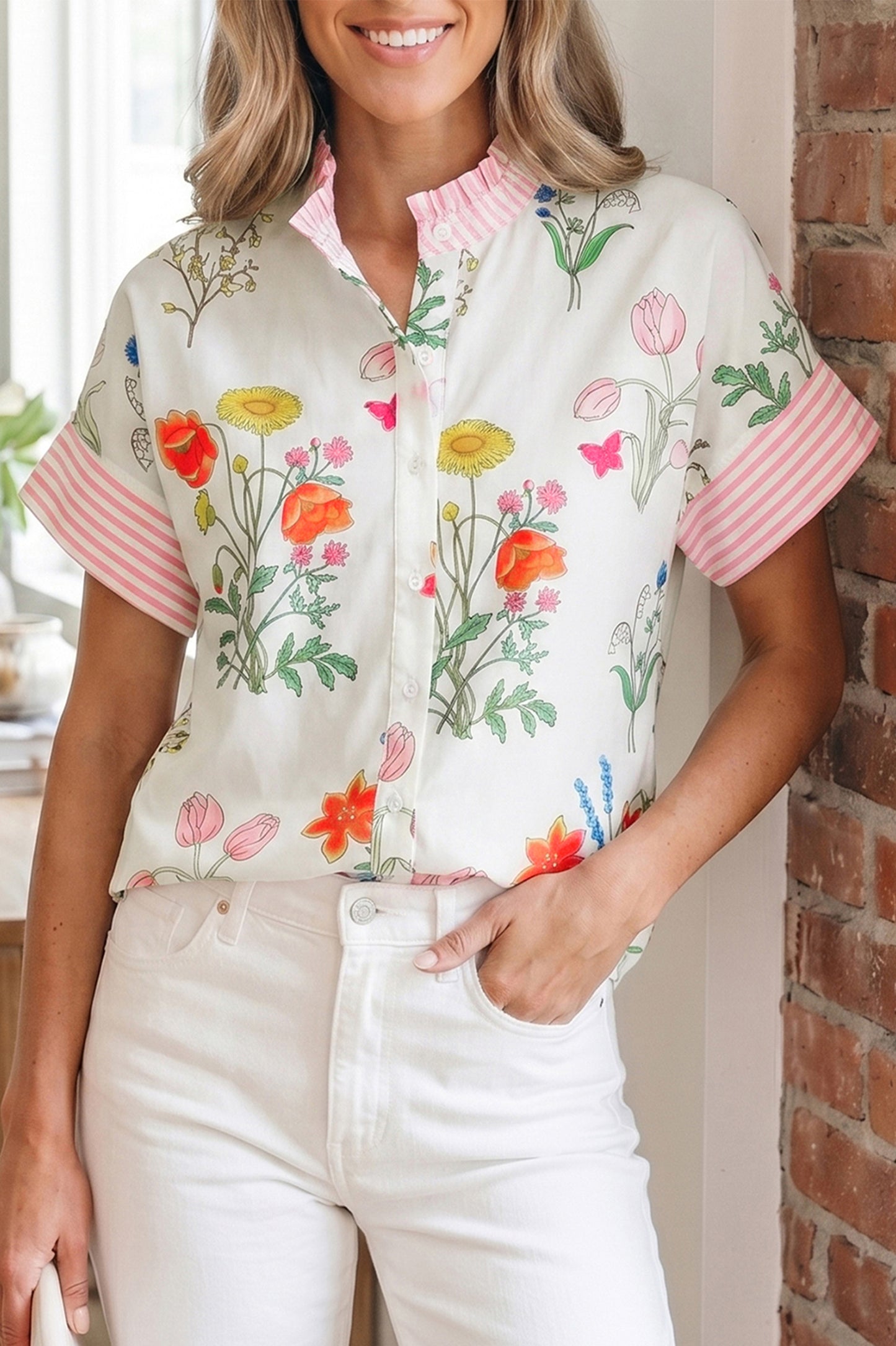 Beige Floral Striped Patchwork Ruffled Collar Short Sleeve Shirt