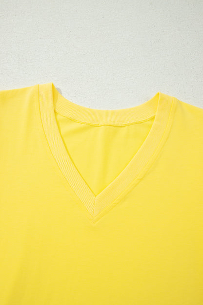 Turquoise Solid Color V Neck Short Puff Sleeve Blouse