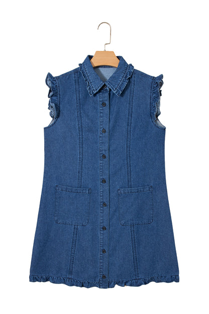 Sail Blue Ruffled Edge Collared Shift Denim Dress with Pockets