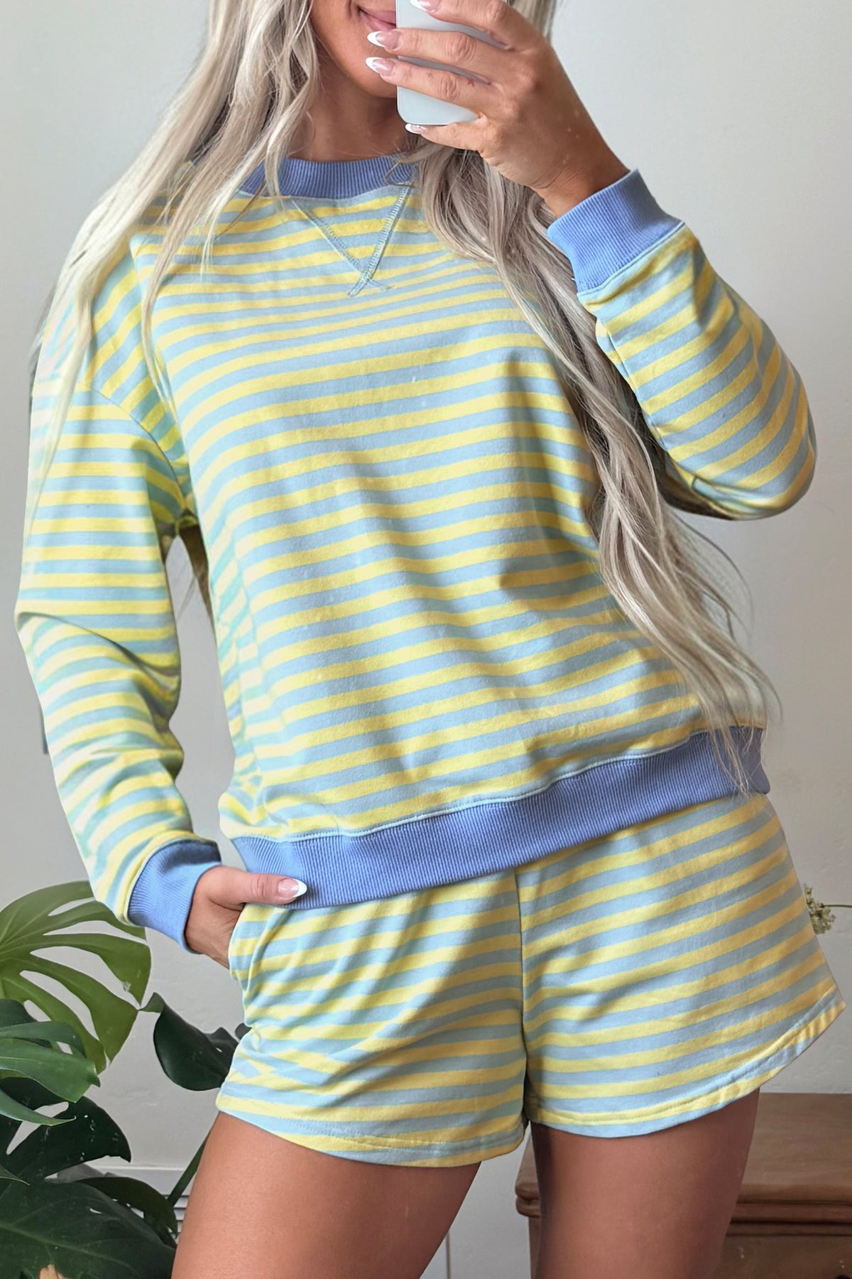 Yellow Stripe Color Block Detail Long Sleeve Pullover Elastic Waist Pull On Shorts 2pcs Set