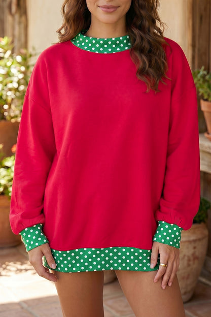 Racing Red Colorblock Polka Dot Contrast Trim Oversized Sweatshirt
