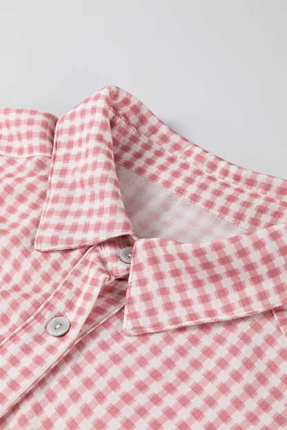 Pink Plaid Half Sleeve Ruffle Hem Button Down Shirt