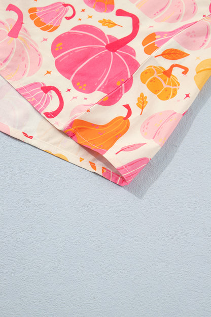 Pink Short Sleeve Pumpkin Print Pocket Placket Shell Button Lounge Set
