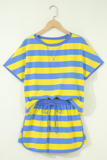 Yellow Stripe Dolman Tee Drawstring Skort Athletic 2pcs Set