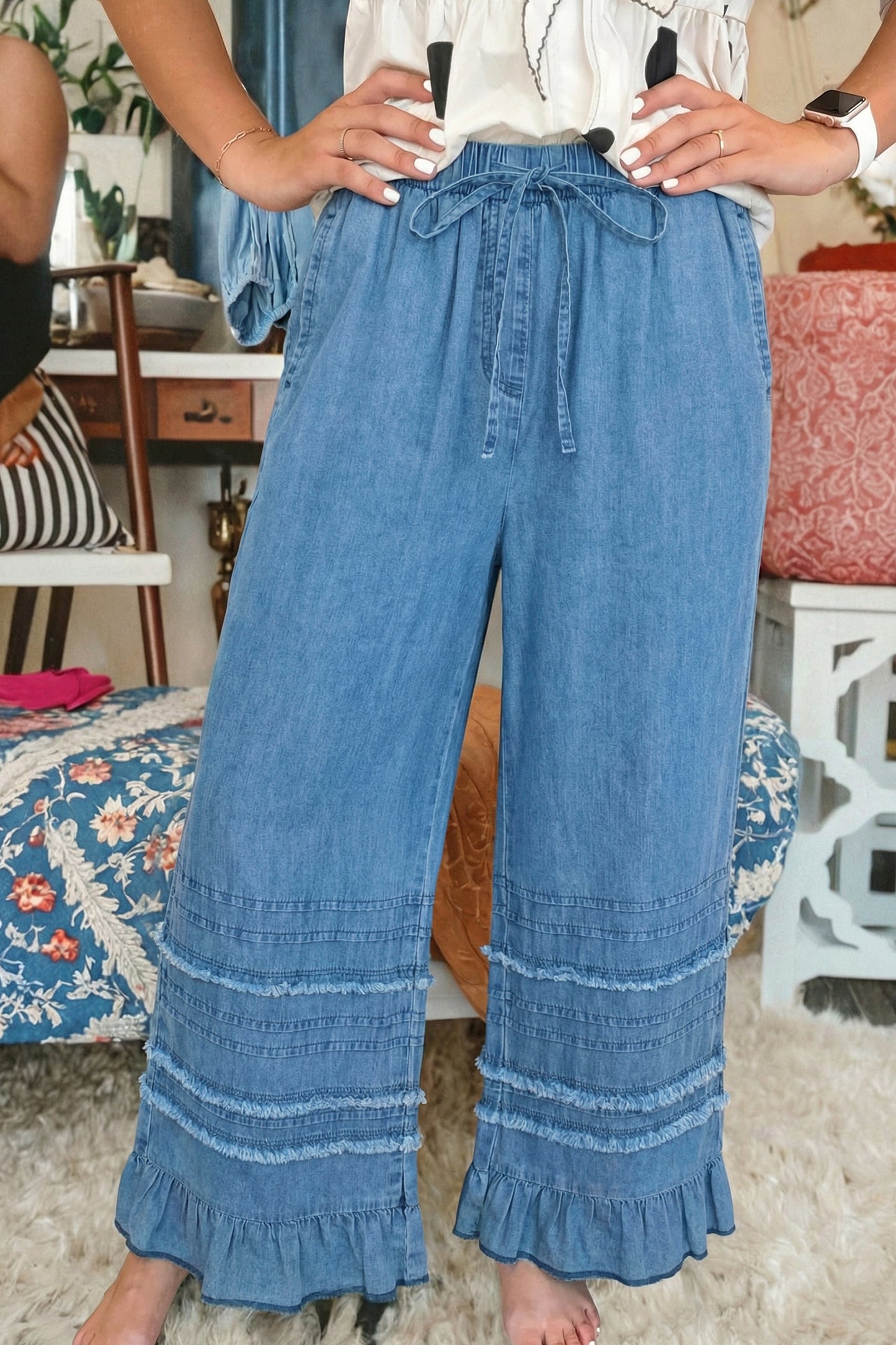 Beau Blue Ruffled Hem Wide Leg Chambray Pants