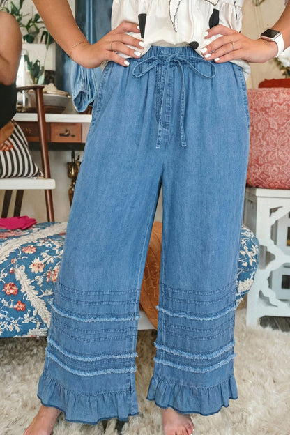 Beau Blue Ruffled Hem Wide Leg Chambray Pants