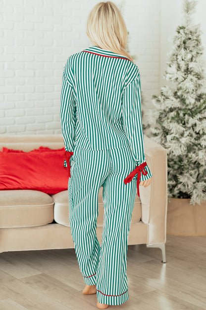 Red Stripe Contrast Velvet Trim Bow Knot Waist 2pcs Pajama Set