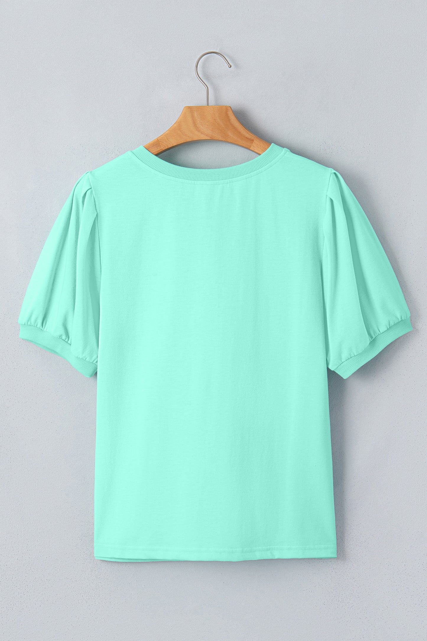 Turquoise Solid Color V Neck Short Puff Sleeve Blouse