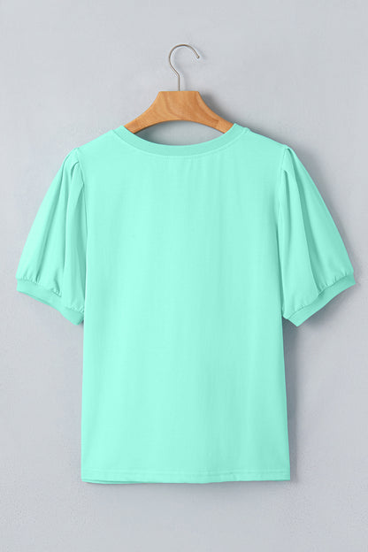 Turquoise Solid Color V Neck Short Puff Sleeve Blouse
