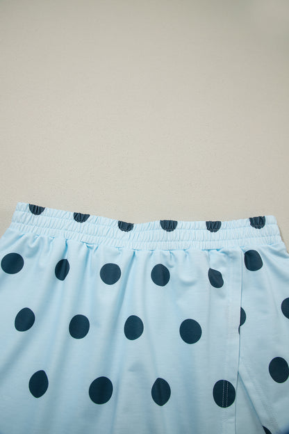 Sky Blue Ribbed Trim Polka Dot Print Tank Split Mini Skort 2pcs Set