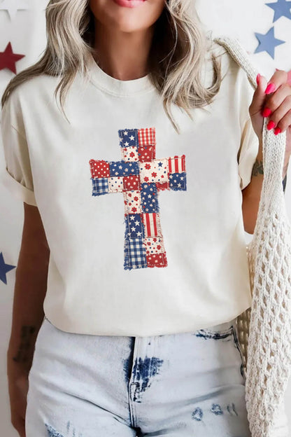 White Faux Patchwork Print Patriotic Cross Tee