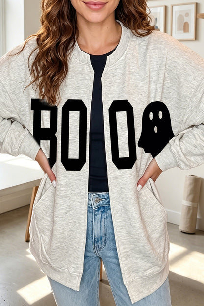 Light Grey Halloween Boo Ghost Print Open Front Sweatshirt