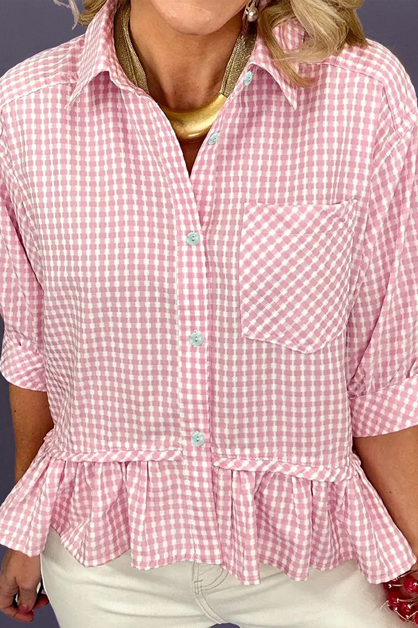 Pink Plaid Half Sleeve Ruffle Hem Button Down Shirt