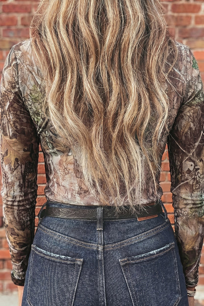 Camel Leopard Print Slim Fit Mesh Long Sleeve Mock Neck Top