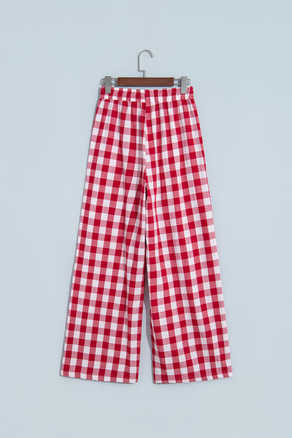 Red Gingham Plaid Tie Elastic Waist Shift Pants