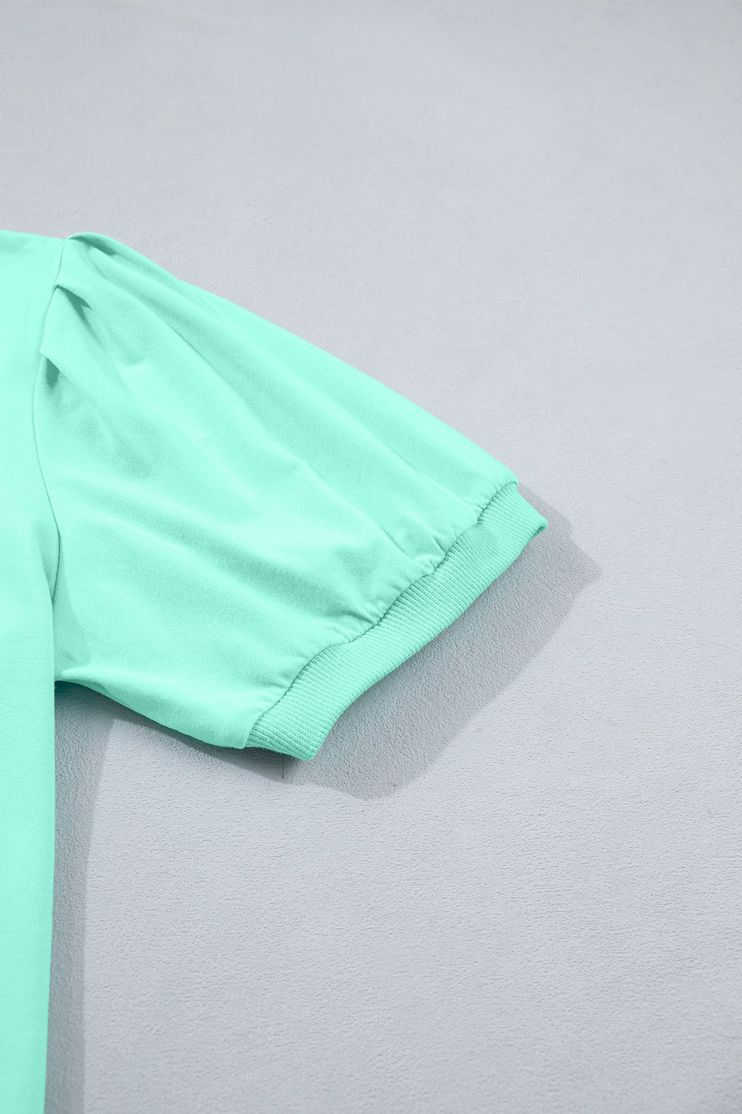 Turquoise Solid Color V Neck Short Puff Sleeve Blouse