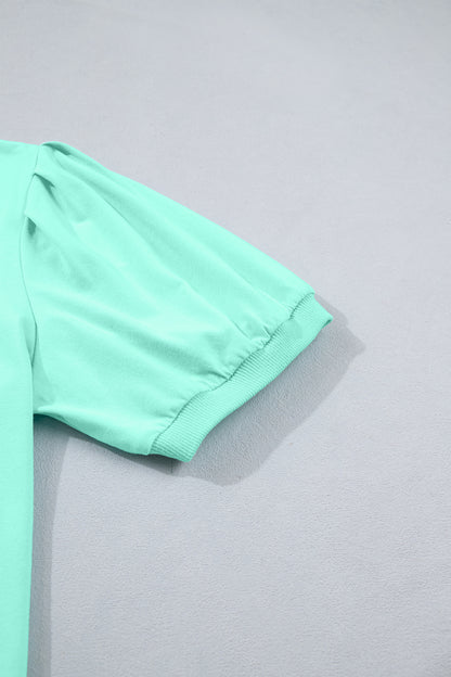 Turquoise Solid Color V Neck Short Puff Sleeve Blouse