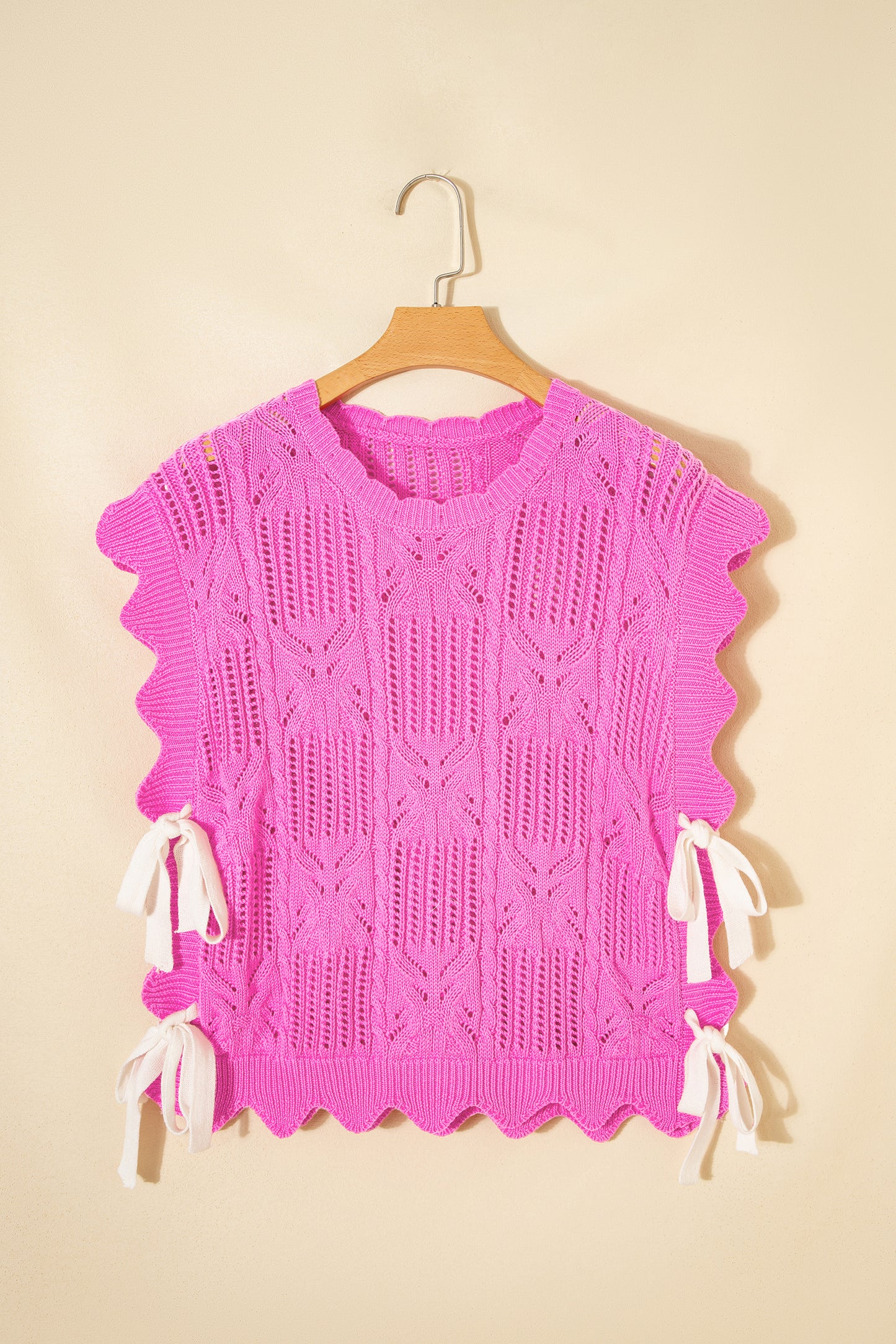 Beau Blue Pointelle Knit Patterned Scalloped Trim Short Sleeve Sweater