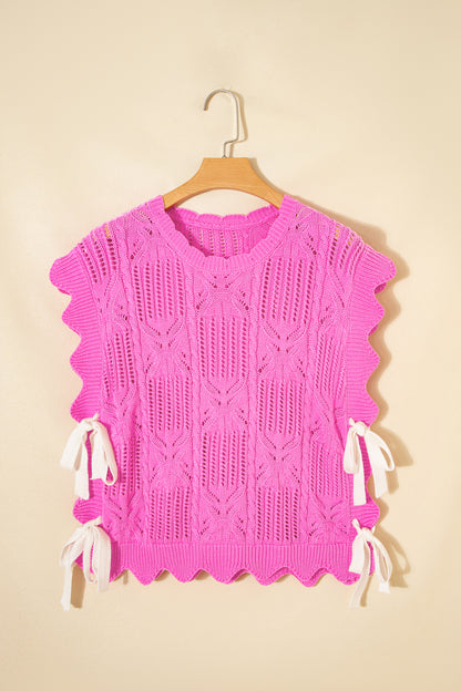 Beau Blue Pointelle Knit Patterned Scalloped Trim Short Sleeve Sweater