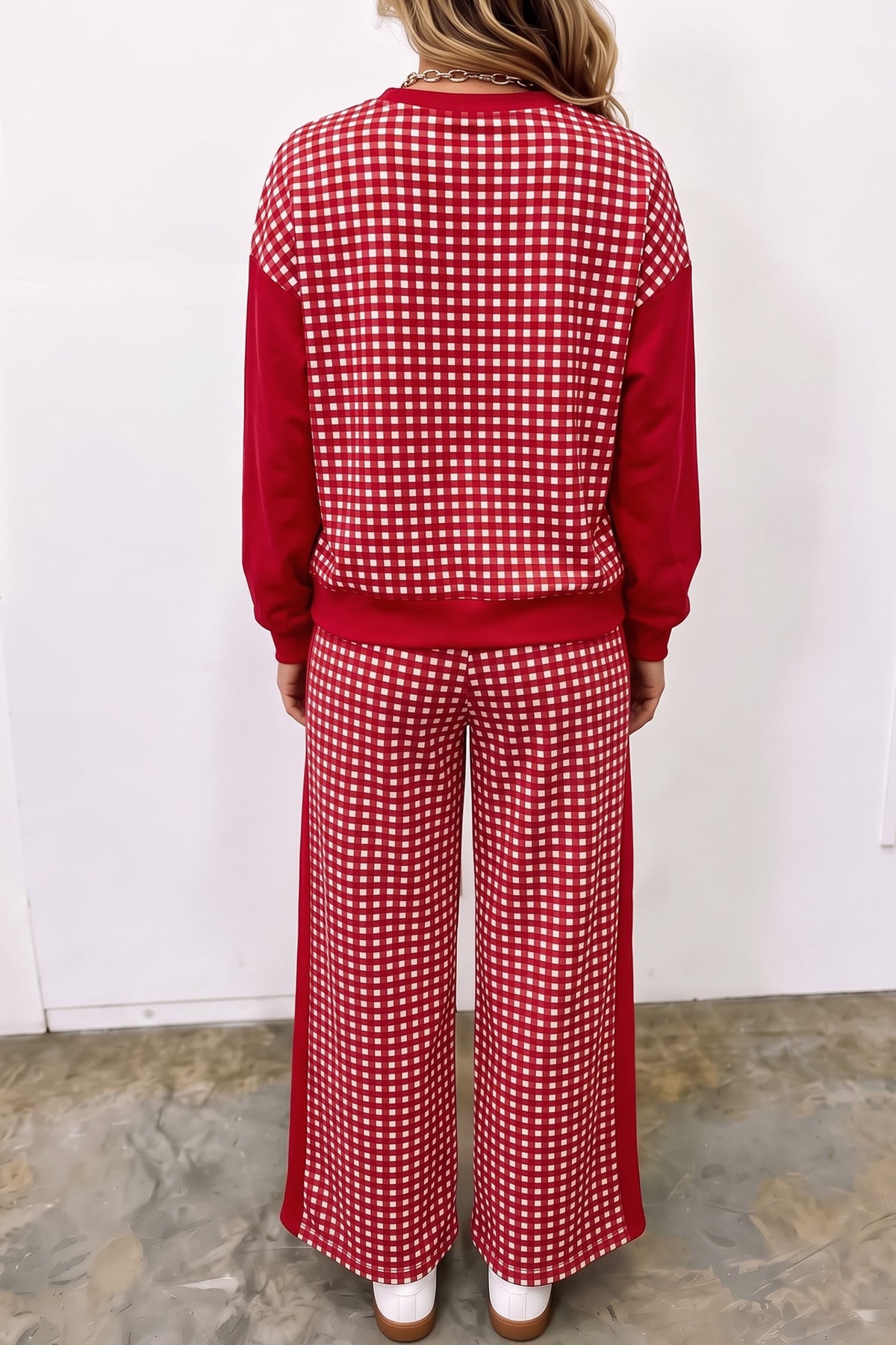 Brown Color Block Plaid Patchwork Long Sleeve Pullover Wide Leg Pant Set