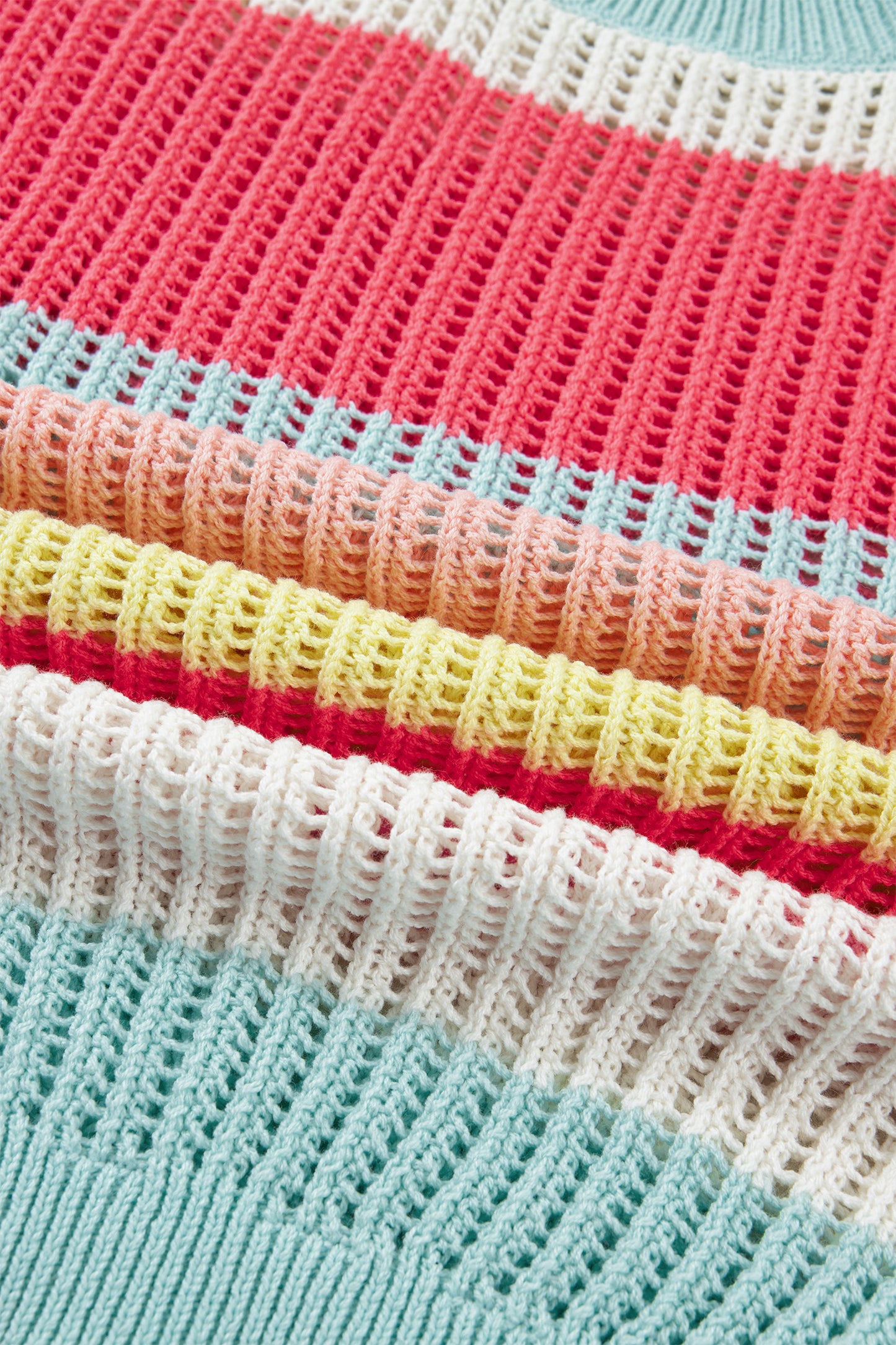 Green Stripe Color Block Hollow Out Knit Short Sleeve Sweater