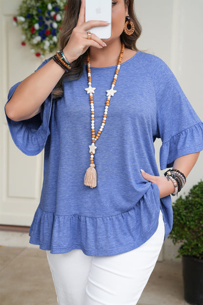 Dusk Blue Ruffled Short Sleeve Plus Size Casual Blouse