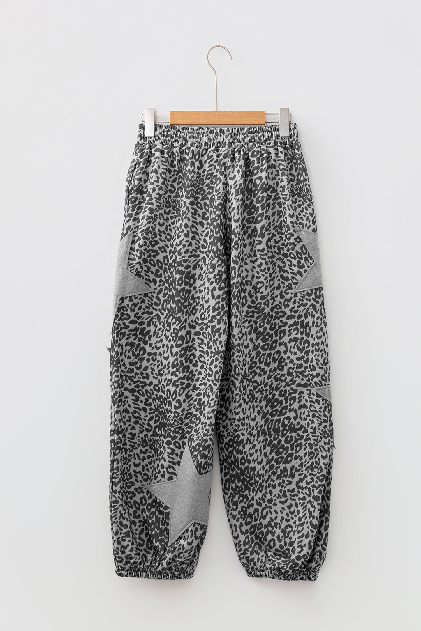 Khaki Leopard Print Star Patched Drawstring Elastic Waist Jogger Pants