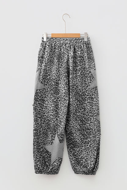 Khaki Leopard Print Star Patched Drawstring Elastic Waist Jogger Pants