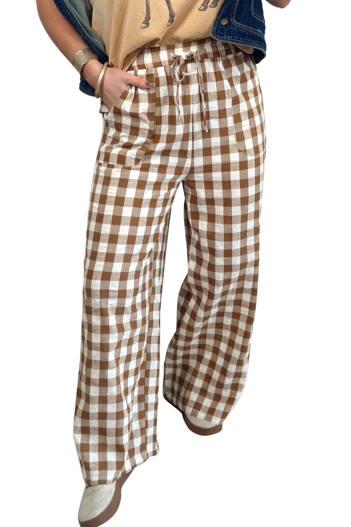 Red Gingham Plaid Tie Elastic Waist Shift Pants