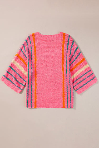 Rose Striped Detail Wide Sleeve Lightweight Knitted Sweater