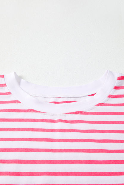 Pink Stripe Mixed Pattern Patchwork Uneven Hem Loose Tee
