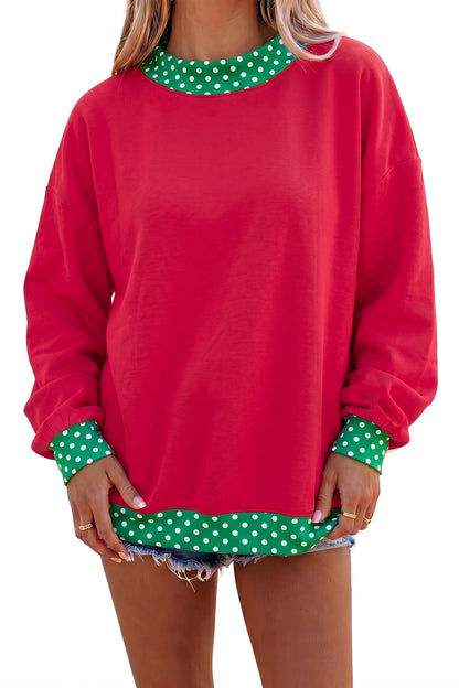 Racing Red Colorblock Polka Dot Contrast Trim Oversized Sweatshirt
