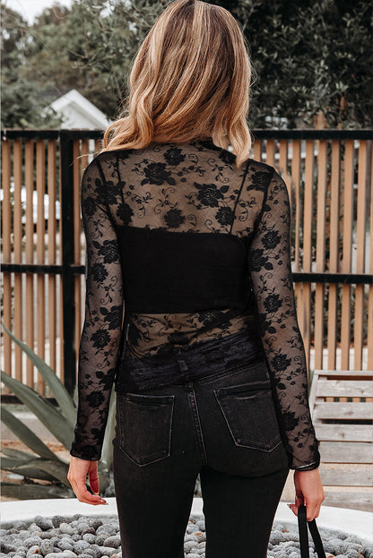 Apricot Pink Sheer Floral Lace Mesh Mock Neck Long Sleeve Top