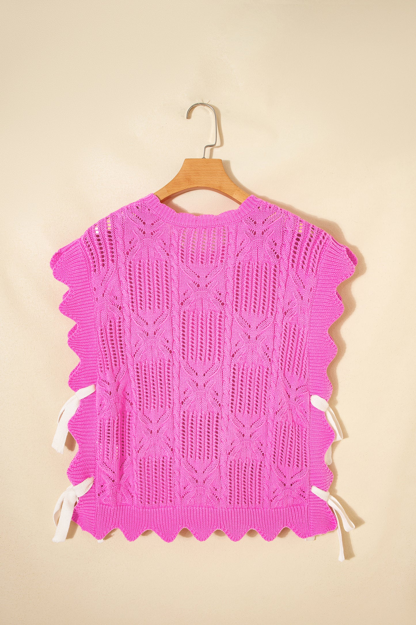 Beau Blue Pointelle Knit Patterned Scalloped Trim Short Sleeve Sweater