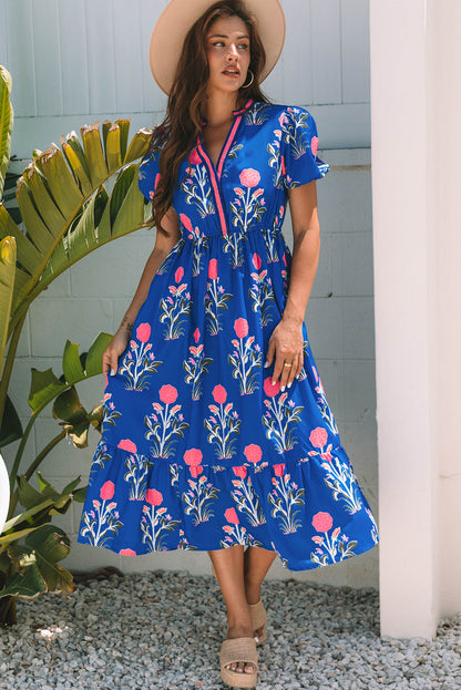 Blue Floral Puff Short Sleeve V Neck High Waist Maxi Dress