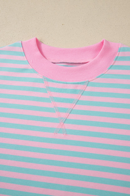 Pink Stripe Color Block Detail Long Sleeve Pullover Elastic Waist Pull On Shorts 2pcs Set
