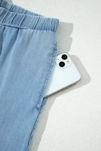 Beau Blue Ruffled Hem Wide Leg Chambray Pants