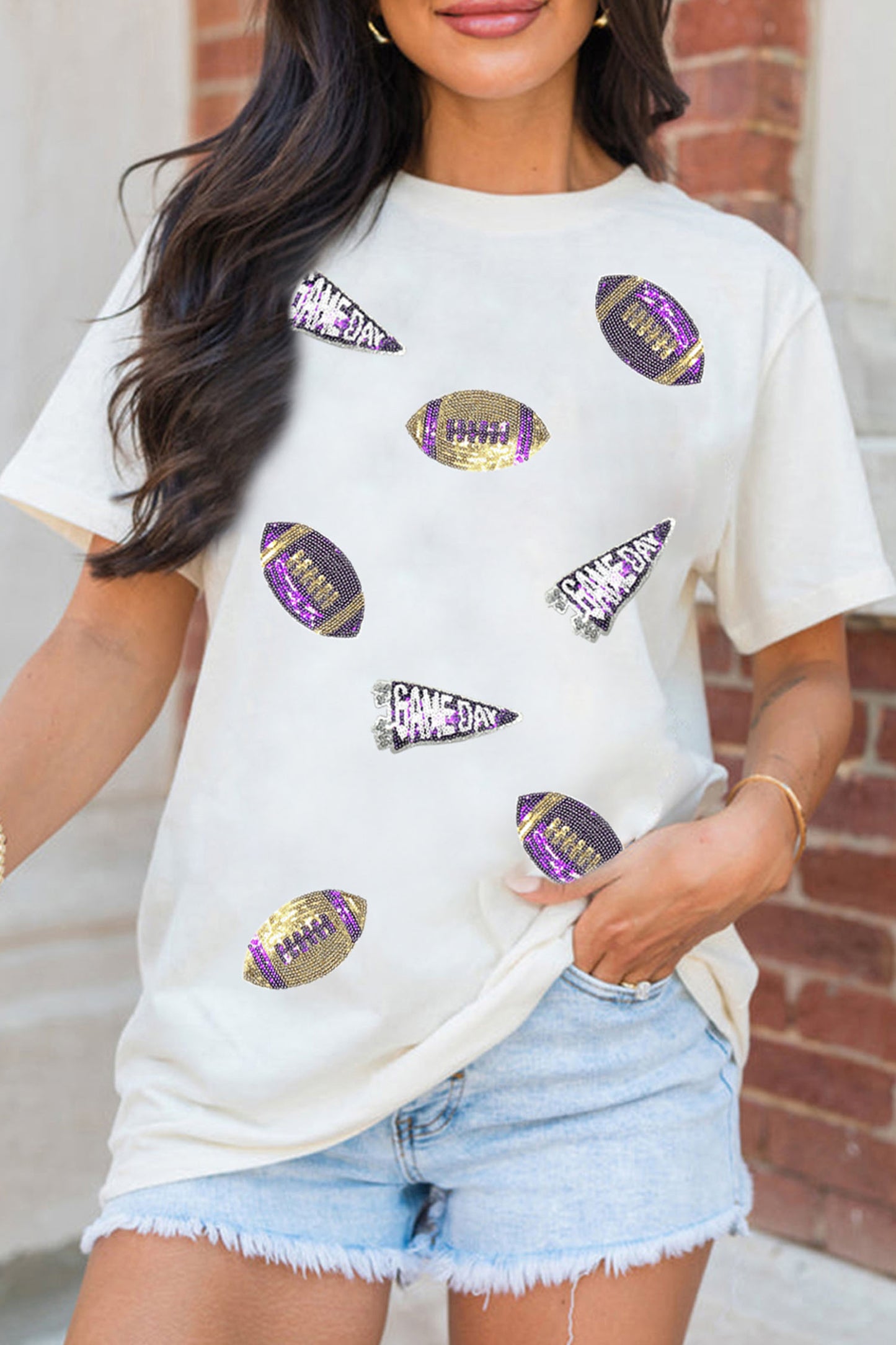 White Sequin Game Day Football Print T-Shirt