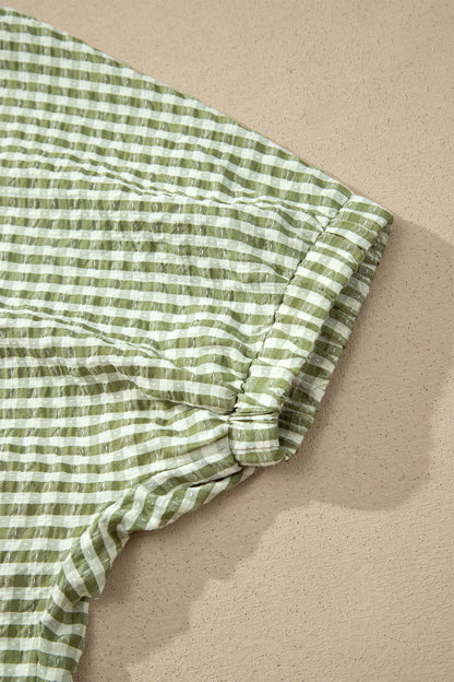 Green Plaid Short Sleeve Colorblock Trim Split Neck Blouse