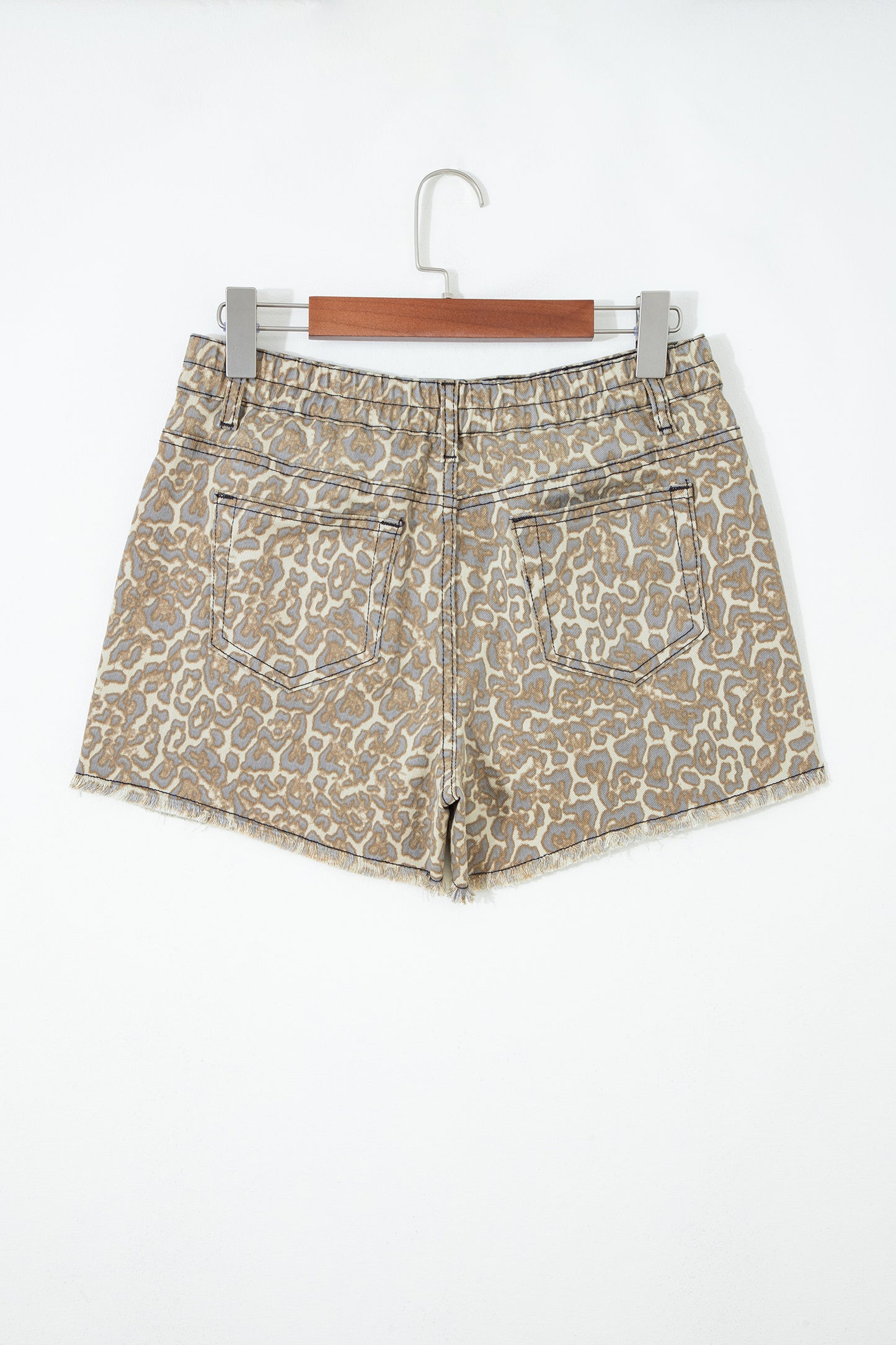 Khaki Raw Edge Leopard Print Denim Shorts
