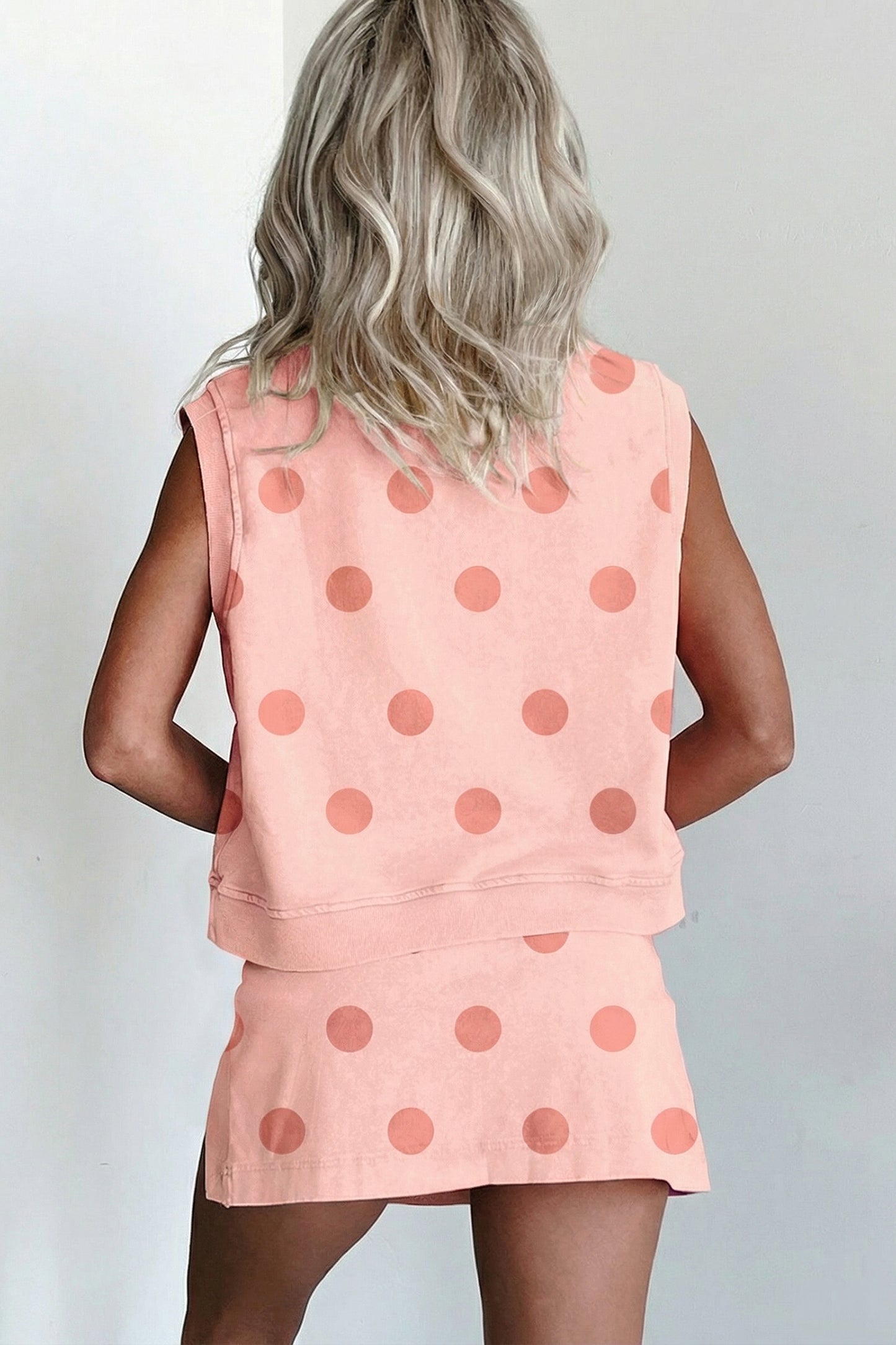 Sky Blue Ribbed Trim Polka Dot Print Tank Split Mini Skort 2pcs Set